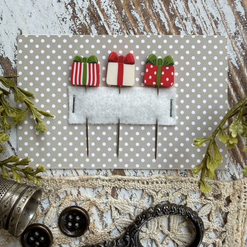 Pre-Order: Christmas Gifts Pin Set (3 handmade pins) | Puntini Puntini (begins shipping late August)