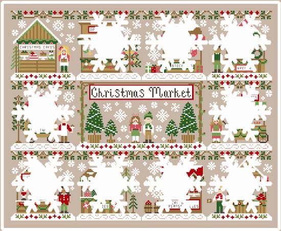 Cross-stitched design of a Christmas market scene with various elements.