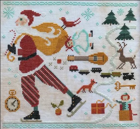 Cross-stitched design of a Santa Claus figure with reindeer and Christmas elements.