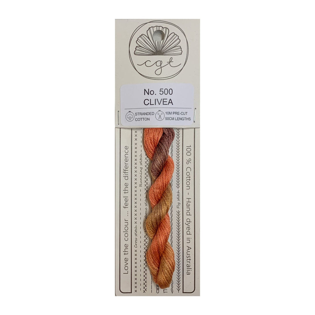 A cardstock package with a bundle of hand-dyed, multicolored embroidery floss labeled 'No. 500 OLIVEA' from Cottage Garden Threads.