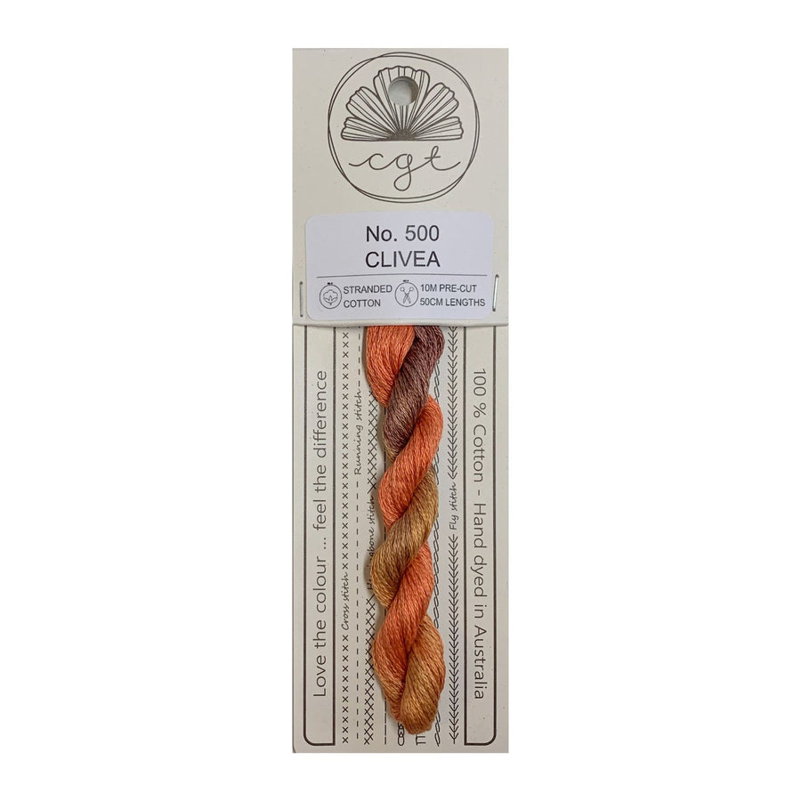 A cardstock package with a bundle of hand-dyed, multicolored embroidery floss labeled 'No. 500 OLIVEA' from Cottage Garden Threads.