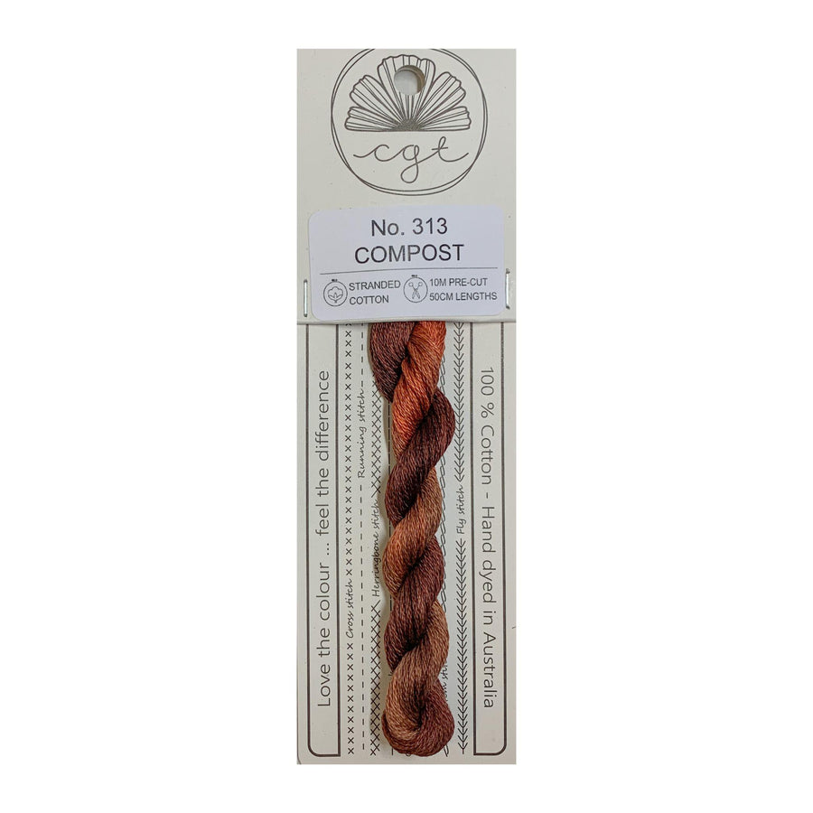 Packaged thread with a label indicating color 'Compost' and brand 'cgf'.