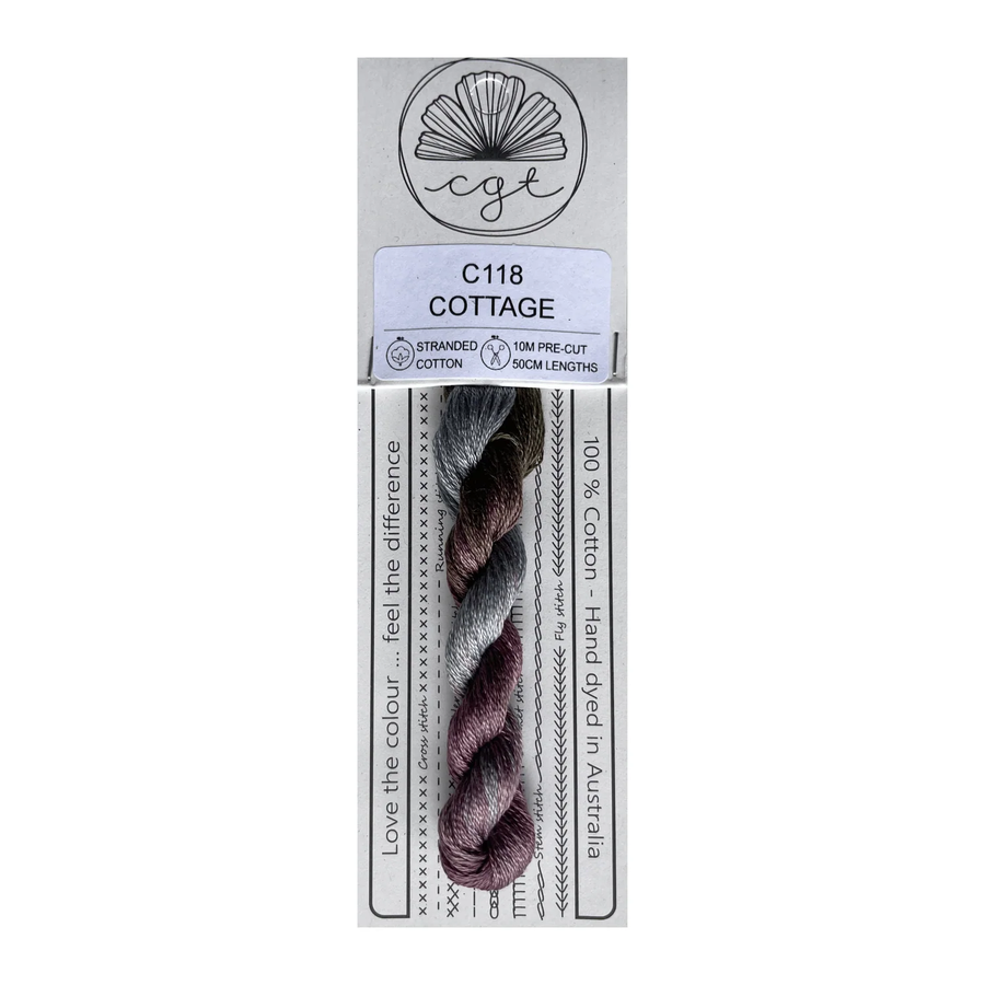Packaged thread with a label indicating brand and product details on a white background