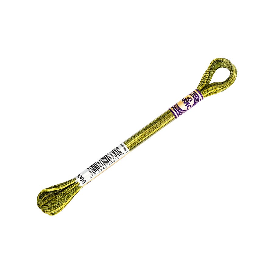 Yellow green embroidery floss with a purple label on a white background