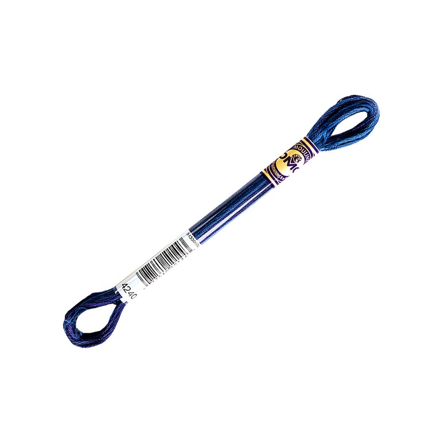 Blue thread skein with a barcode label on a white background