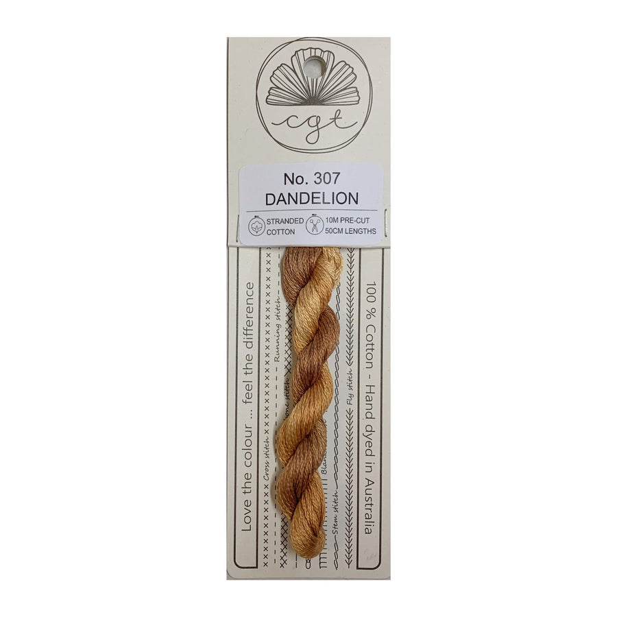 A cardstock packaging displaying a pre-cut, hand-dyed cotton cross stitch and embroidery floss in a brown color, branded as Cottage Garden Threads, with the product number 307 labeled as 'Dandelion'.