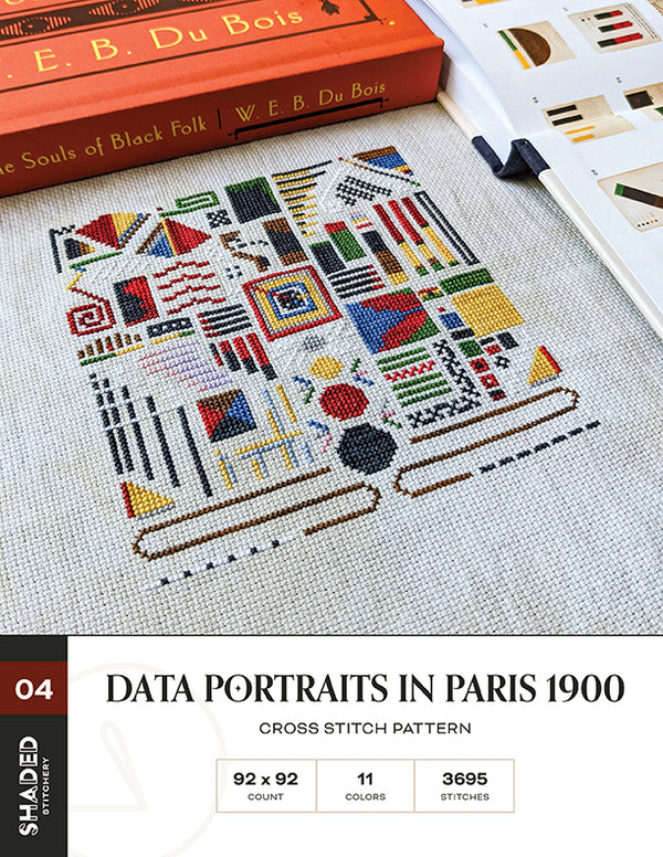 Cross stitch pattern for 'Data Portraits in Paris 1900' with a book and pattern guide in the background.