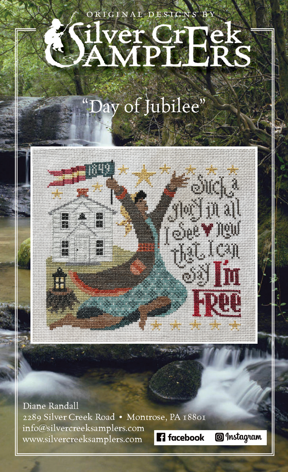 Advertisement for 'Day of Jubilee' cross-stitch pattern by Silver Creek Samplers with scenic background.