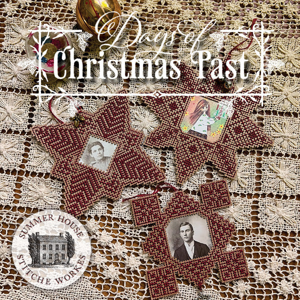 Product packaging for 'Days of Christmas Past' with vintage-style embroidery and portraits on a textured background.
