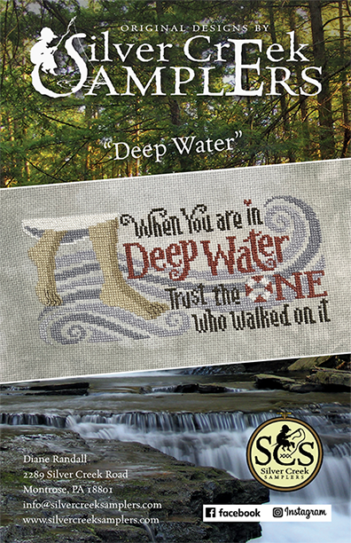 Cross-stitch sampler cover for 'Deep Water' by Silver Creek Samplers, featuring a scenic forest and waterfall background with a close-up of the stitched design showing a boot and the text 'When you are in Deep Water Trust the ONE who walked on it.'.