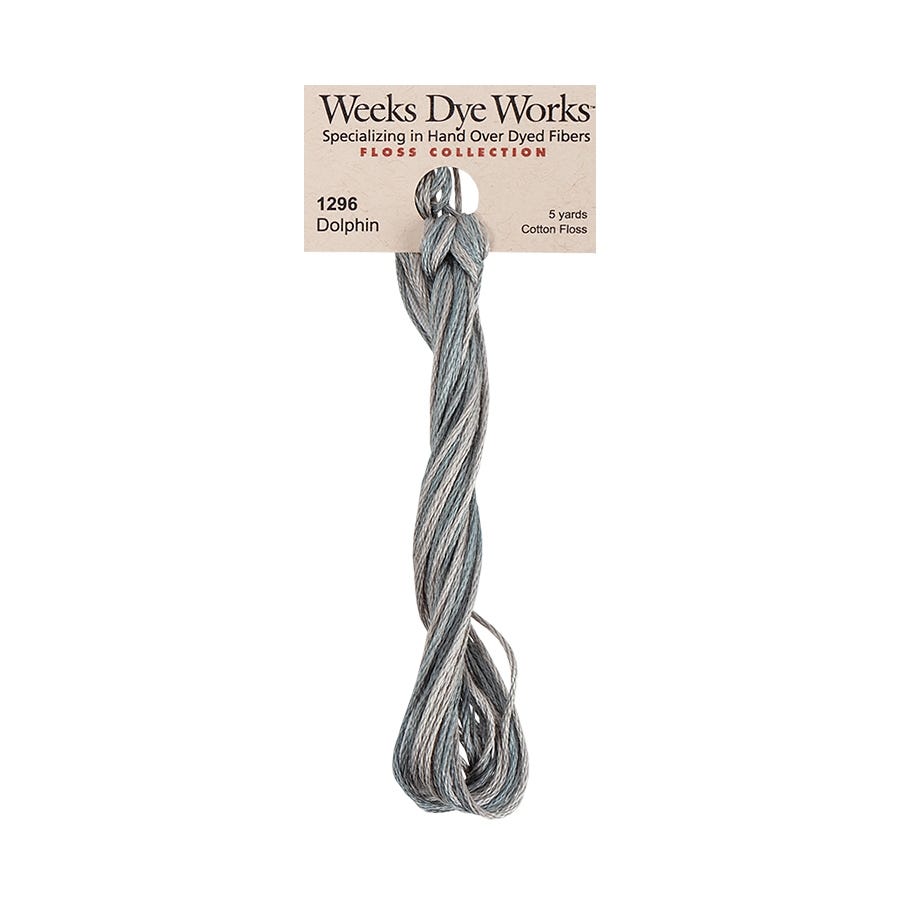 Weeks Dye Works hand-dyed cotton embroidery floss skein in dolphin (1296), a medium VARIEGATED grey blue