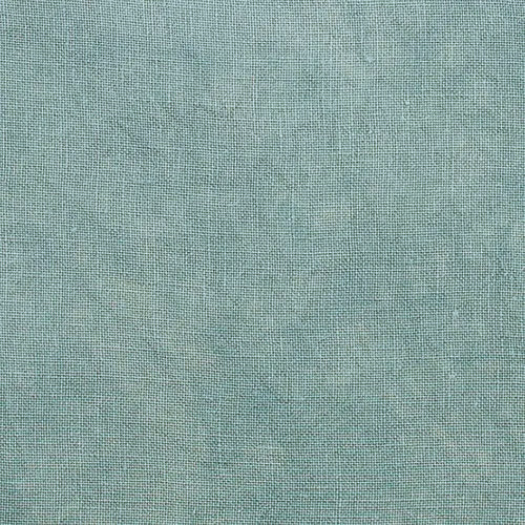 A close-up of a textured fabric swatch in a muted dusty teal blue-green color, showing a fine woven linen-like pattern.