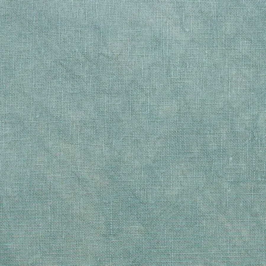 A close-up of a textured fabric swatch in a muted dusty teal blue-green color, showing a fine woven linen-like pattern.