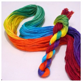 Colorful skein of embroidery floss in rainbow colors on a white background