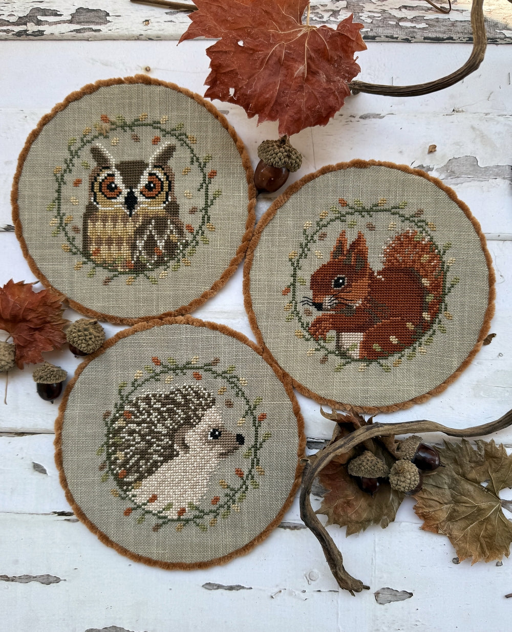 Three cross-stitched pieces of an owl, squirrel, and hedgehog on a wooden surface with autumn leaves.