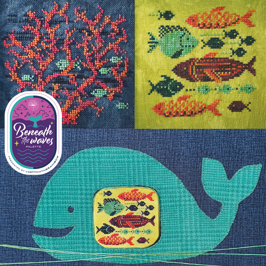 Collage of cross-stitched patterns including coral, fish, and a whale with 'Beneath the Waves' palette label.