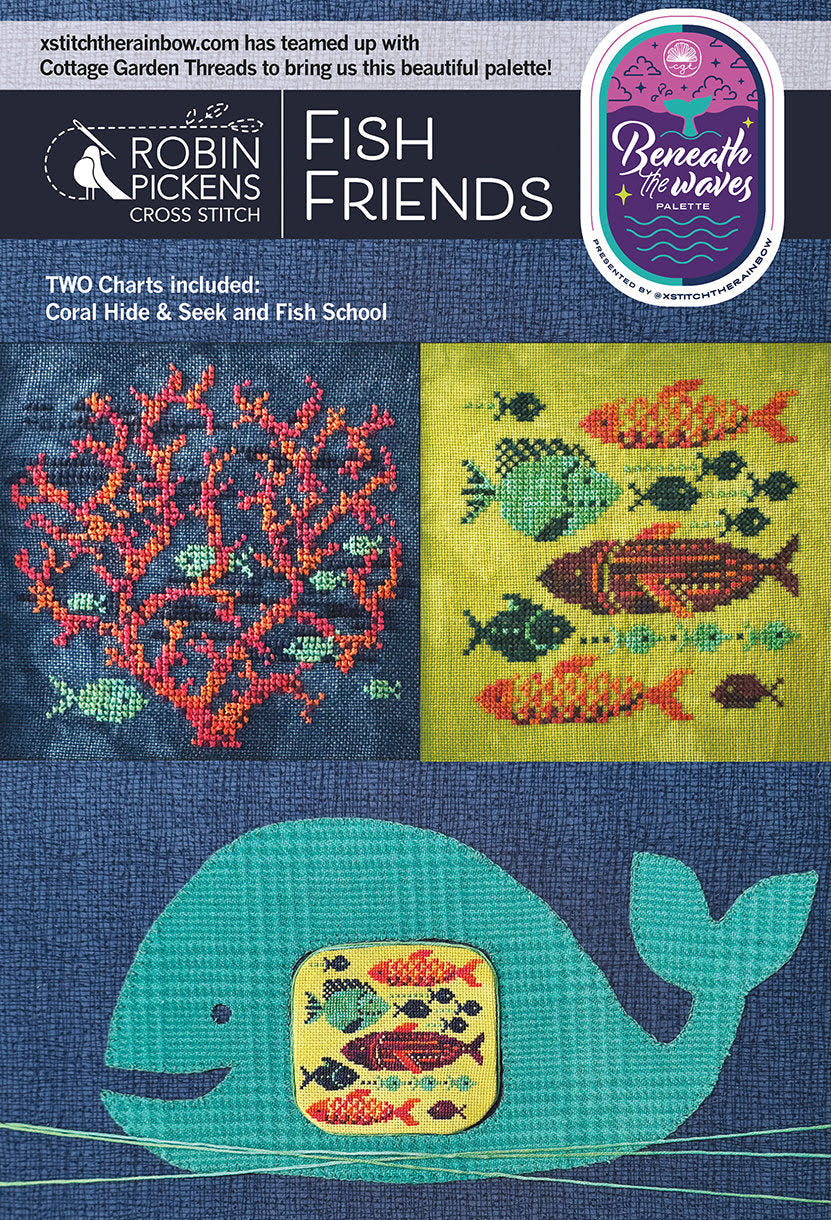 Cross-stitch pattern book titled 'Fish Friends' with whale design and fish illustrations on a blue background.