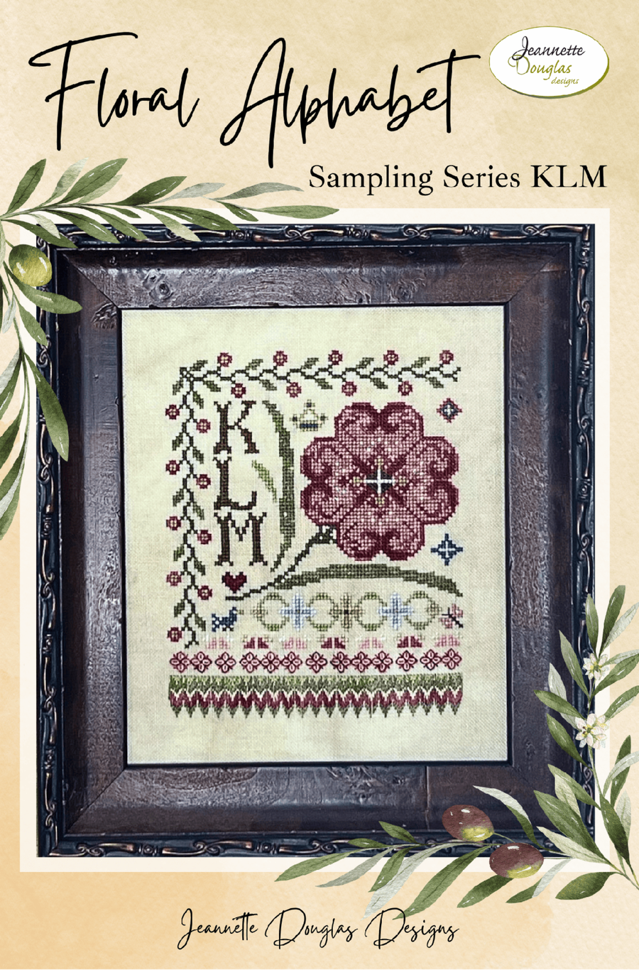 Floral alphabet sampler with 'KLM' in a decorative frame on a beige background.