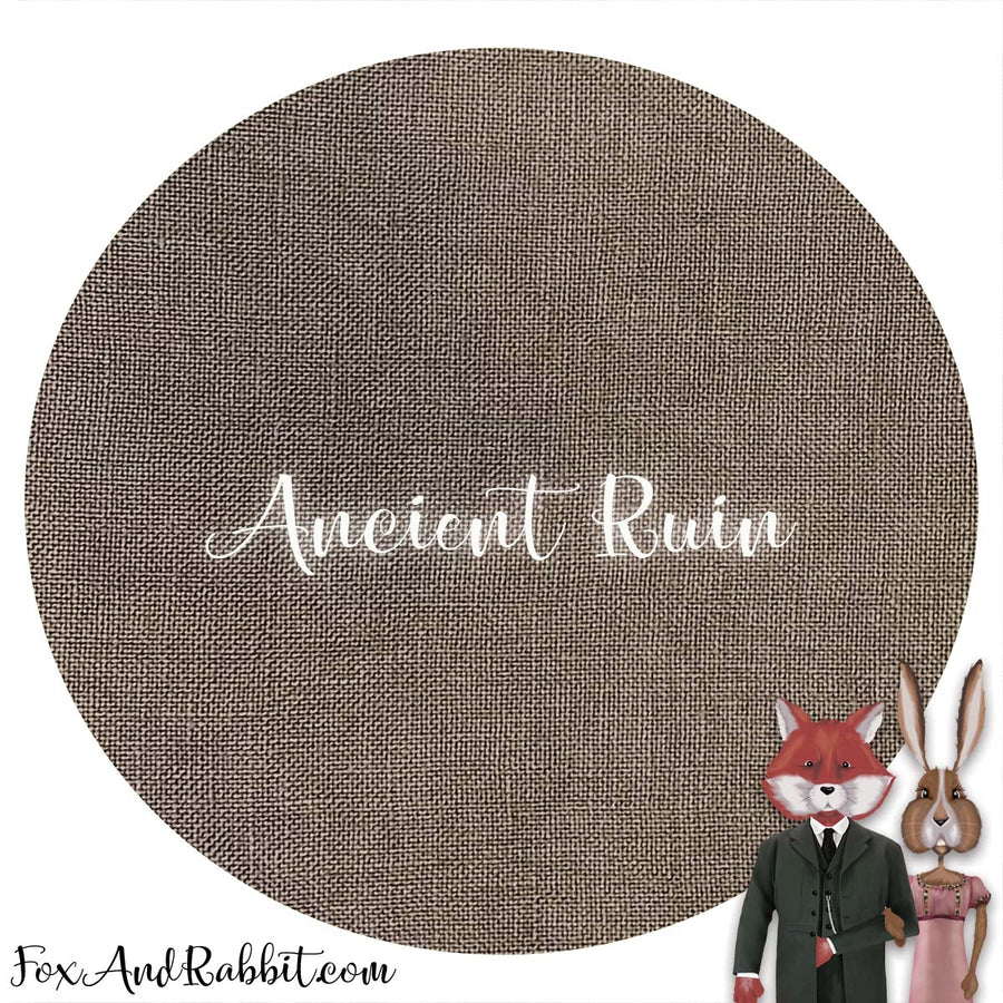 Round fabric swatch with 'Ancient Ruin' text and two animal figures at the bottom.