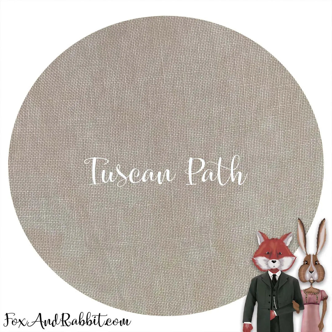 Round fabric swatch with 'Tuscan Path' text and cartoon fox and rabbit characters below.