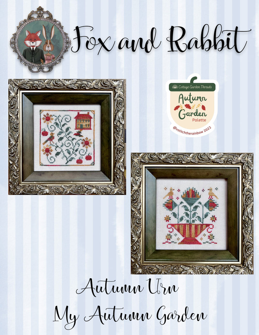 Framed cross-stitch patterns with 'Fox and Rabbit' and 'Autumn Urn' on a striped background.