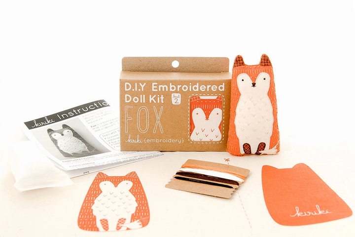 D.I.Y. Embroidered Doll Kit with fox design on a white background