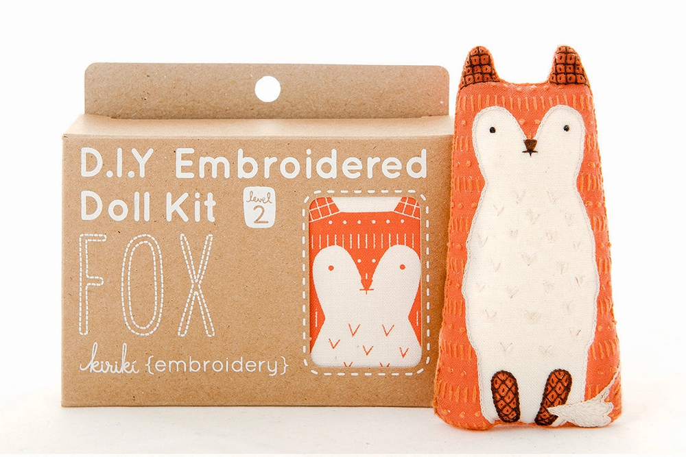 D.I.Y Embroidered Doll Kit with a fox design on a white background
