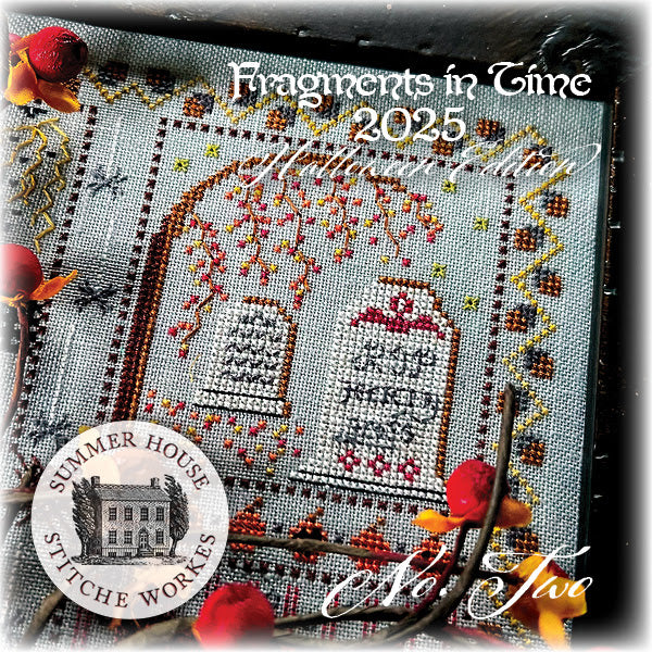 Embroidery design with 'Summer House Stitch' and 'Fragments in Time 2025' text, featuring a house and decorative elements.