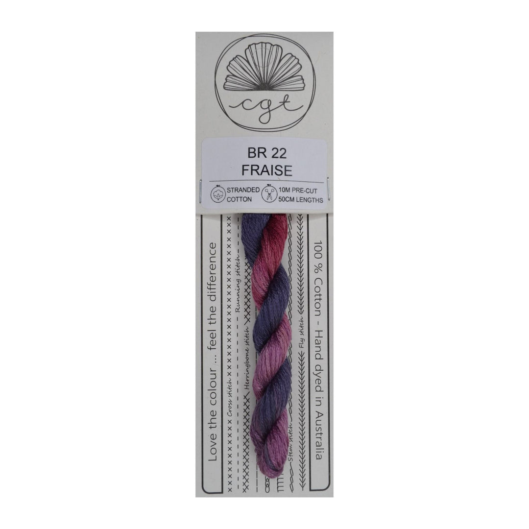 Packaged skein of thread with a label on a white background