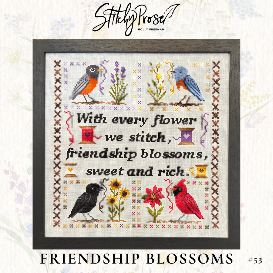 Cross-stitched design with birds and flowers, featuring the text 'With every flower we stitch, friendship blossoms, sweet and rich.' by Stitchy Posee.