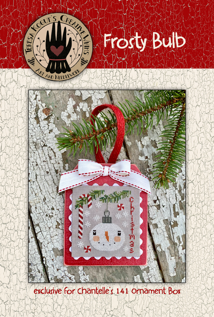 Frosty Bulb Christmas ornament packaging with a snowman design on a rustic wooden background.