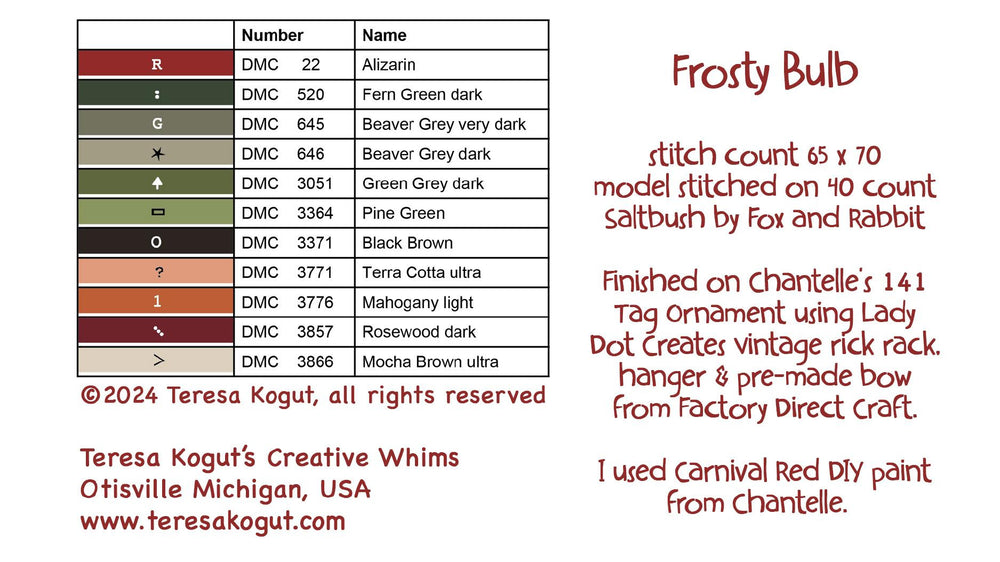 color chart with DMC numbers and corresponding thread colors, text about a stitch pattern, and branding information.