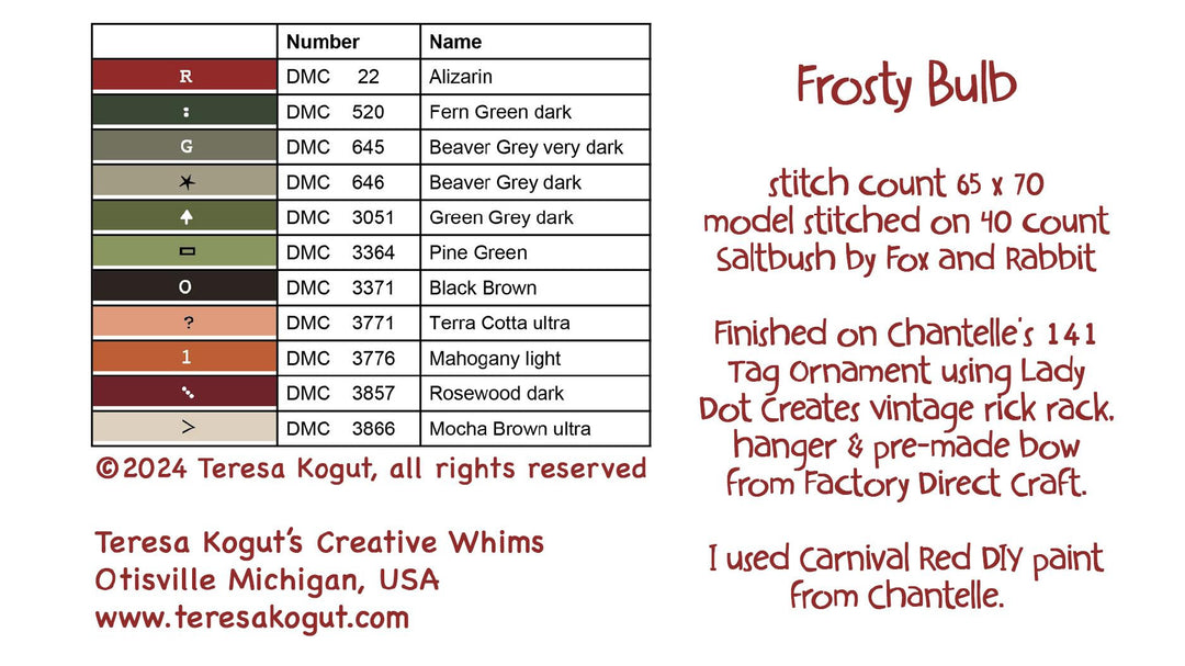 color chart with DMC numbers and corresponding thread colors, text about a stitch pattern, and branding information.