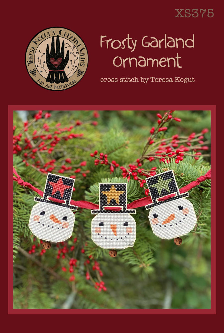 Cross stitch pattern for Frosty Garland Ornament with snowmen and stars on a red background.