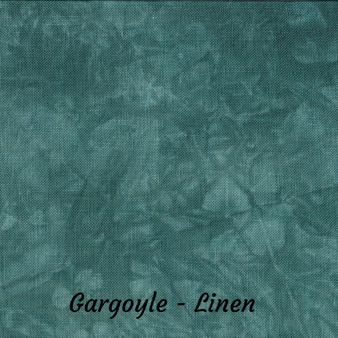 A close-up fabric texture swatch in a mottled teal-green linen-like pattern with the text 'Gargoyle - Linen' at the bottom.