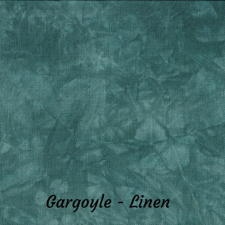A close-up fabric texture swatch in a mottled teal-green linen-like pattern with the text 'Gargoyle - Linen' at the bottom.