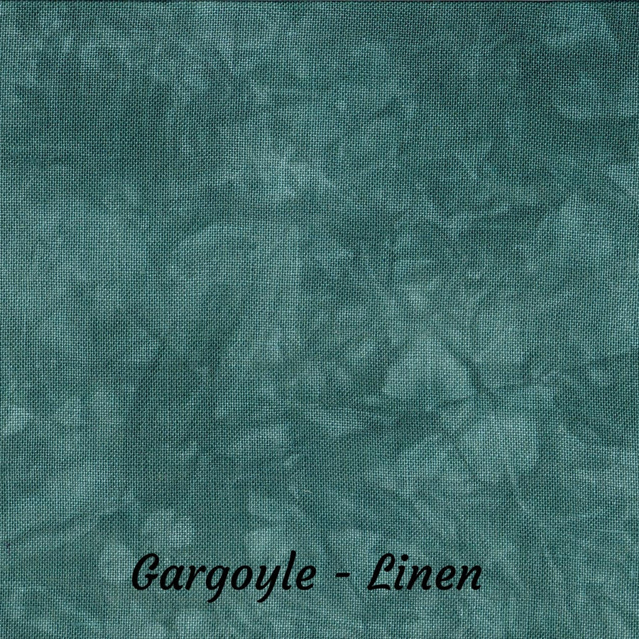 A close-up fabric texture swatch in a mottled teal-green linen-like pattern with the text 'Gargoyle - Linen' at the bottom.