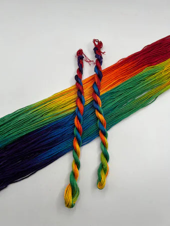 Colorful rainbow thread skeins on a white background 