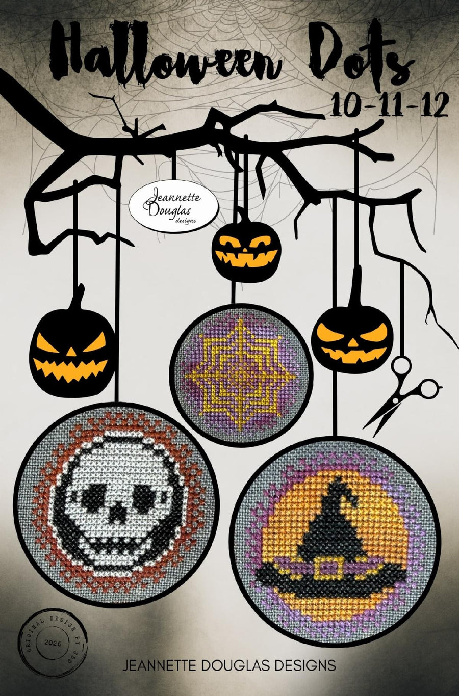 Halloween-themed cross-stitch patterns with pumpkins and skulls on a gray background.