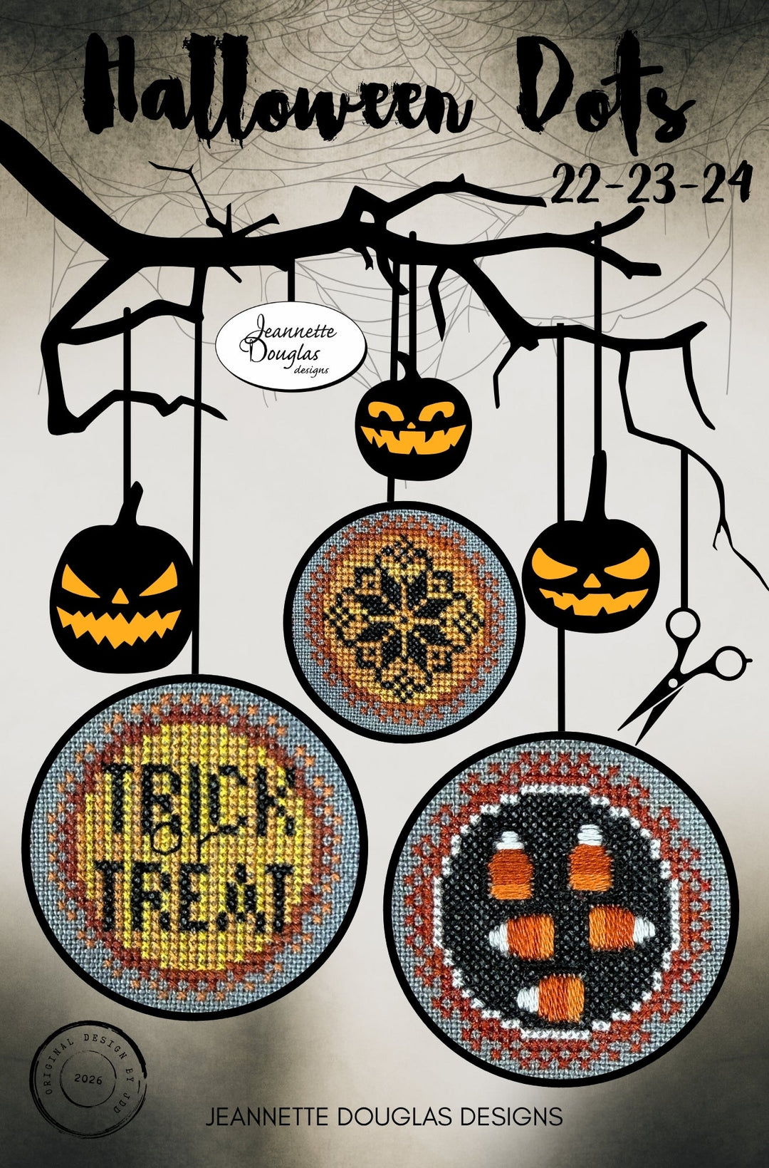 Halloween-themed cross-stitch pattern cover titled 'Halloween Dots 22-23-24' by Jeannette Douglas Designs, showing illustrated jack-o'-lanterns and three circular stitched design examples on a dark branch background.