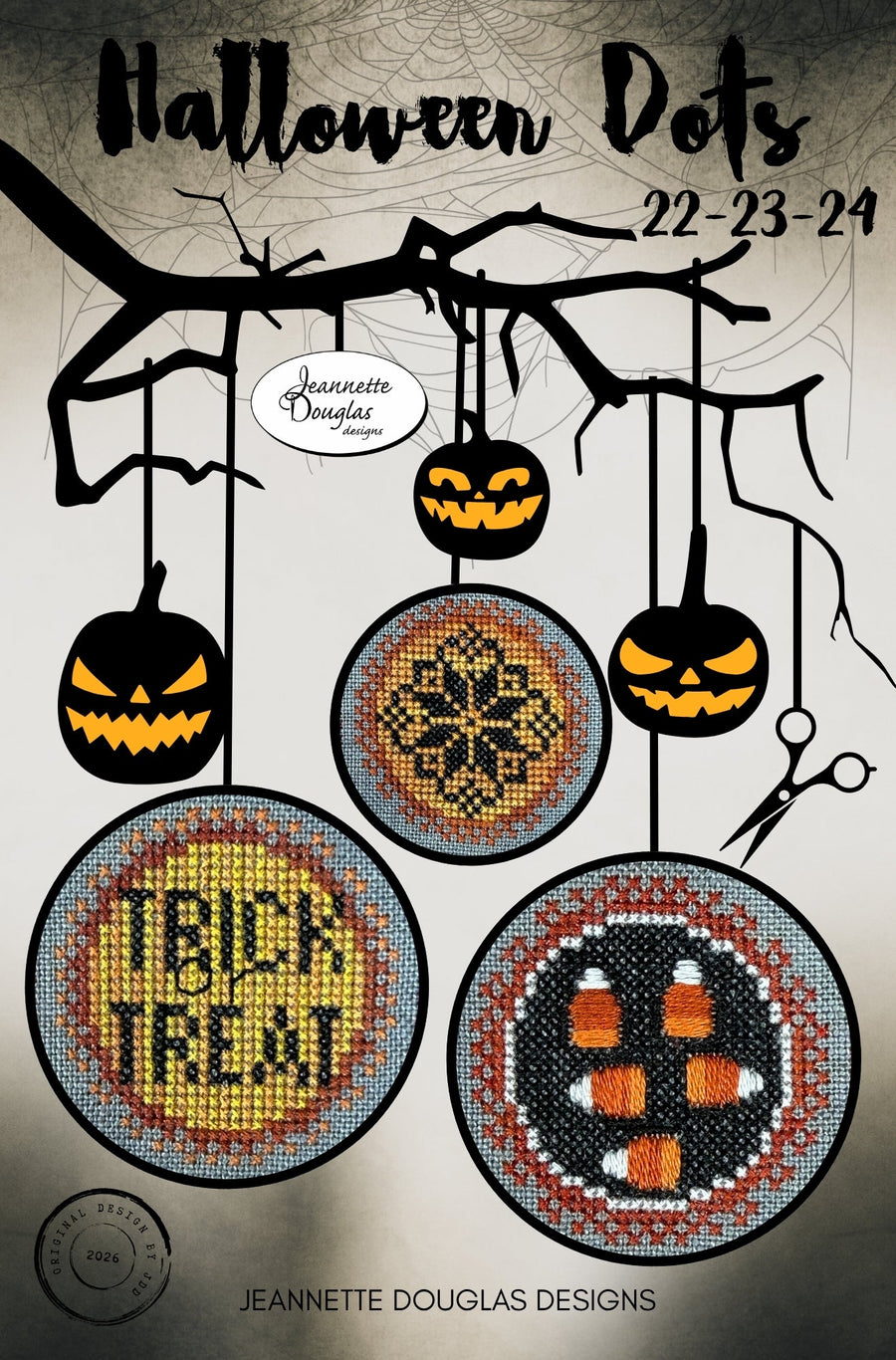 Halloween-themed cross-stitch pattern cover titled 'Halloween Dots 22-23-24' by Jeannette Douglas Designs, showing illustrated jack-o'-lanterns and three circular stitched design examples on a dark branch background.