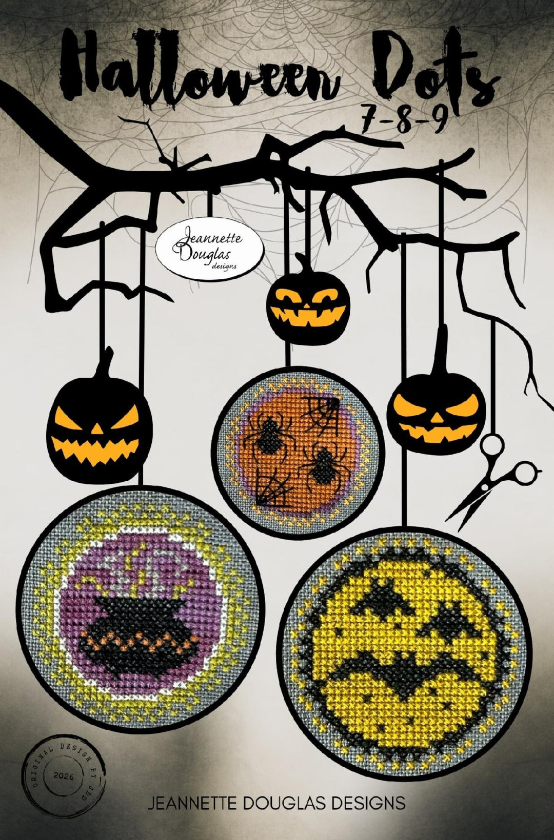Halloween-themed cross-stitch patterns with pumpkins and spider webs on a metallic background.
