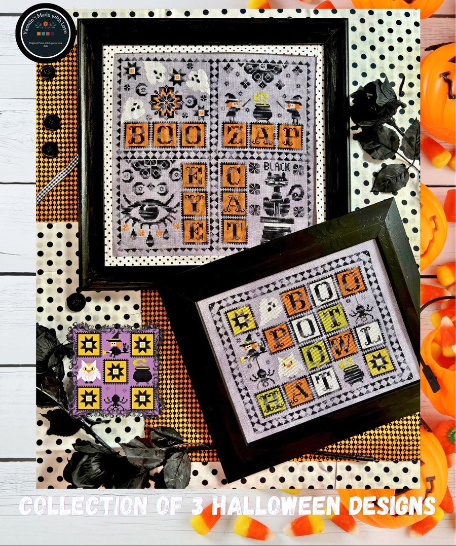 Halloween-themed cross-stitch pattern cover titled 'HALLOWEEN MEDLEY' showing three framed stitched designs with autumn motifs like pumpkins, bats, ghosts, and letter tiles. The cover includes decorative Halloween props and text reading 'COLLECTION OF 3 HALLOWEEN DESIGNS'.