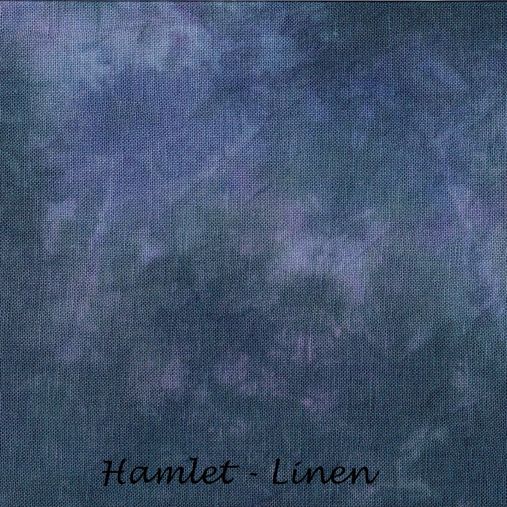 A close-up fabric texture swatch in a mottled blue and purple linen-like pattern, with the text 'Hamlet - Linen' at the bottom.