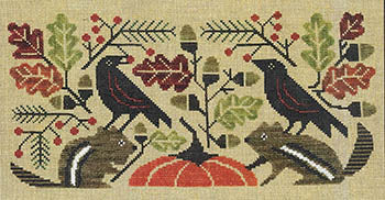 A needlepoint canvas design featuring two black crows, two squirrels, autumn leaves, acorns, and a pumpkin on a beige fabric background.