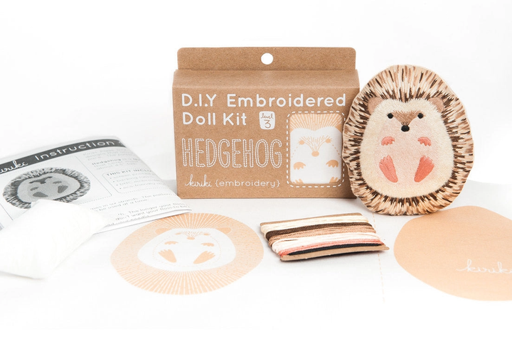 D.I.Y. Embroidered Doll Kit with hedgehog design on a white background