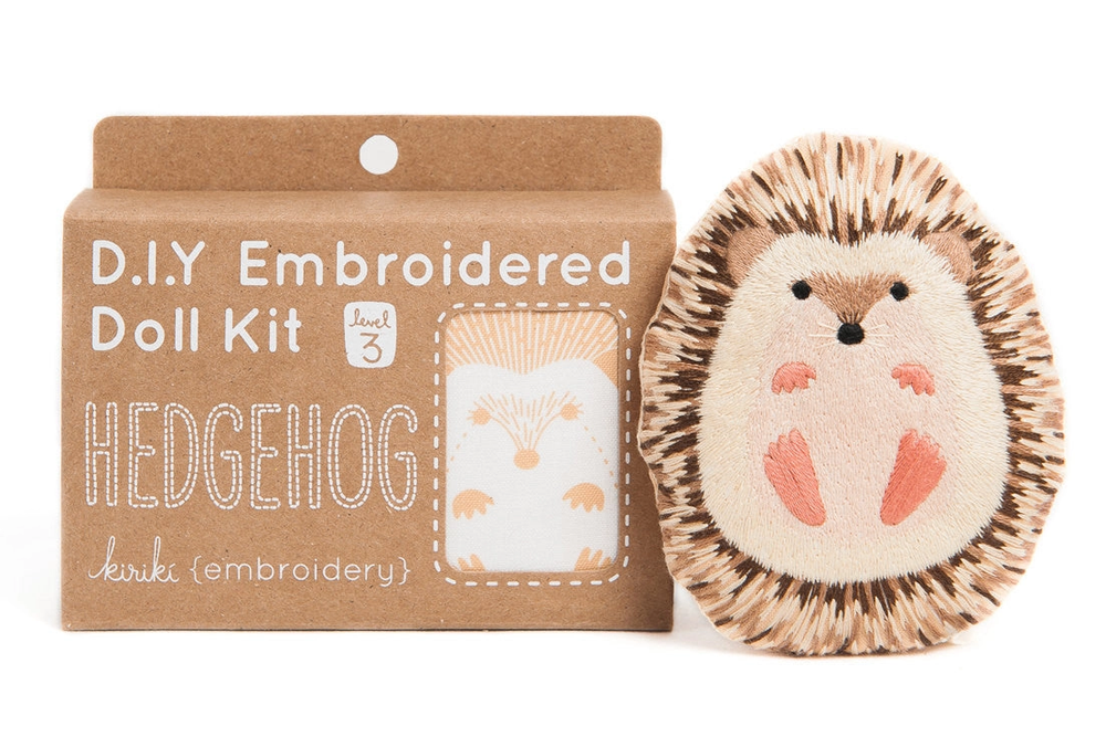 D.I.Y. Embroidered Doll Kit with hedgehog design on a white background