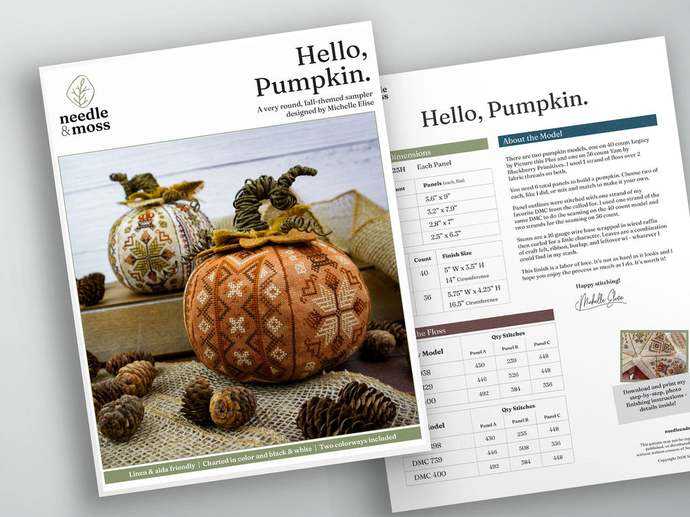 Two printed craft pattern sheets titled "Hello, Pumpkin." are shown overlapping on a white background.