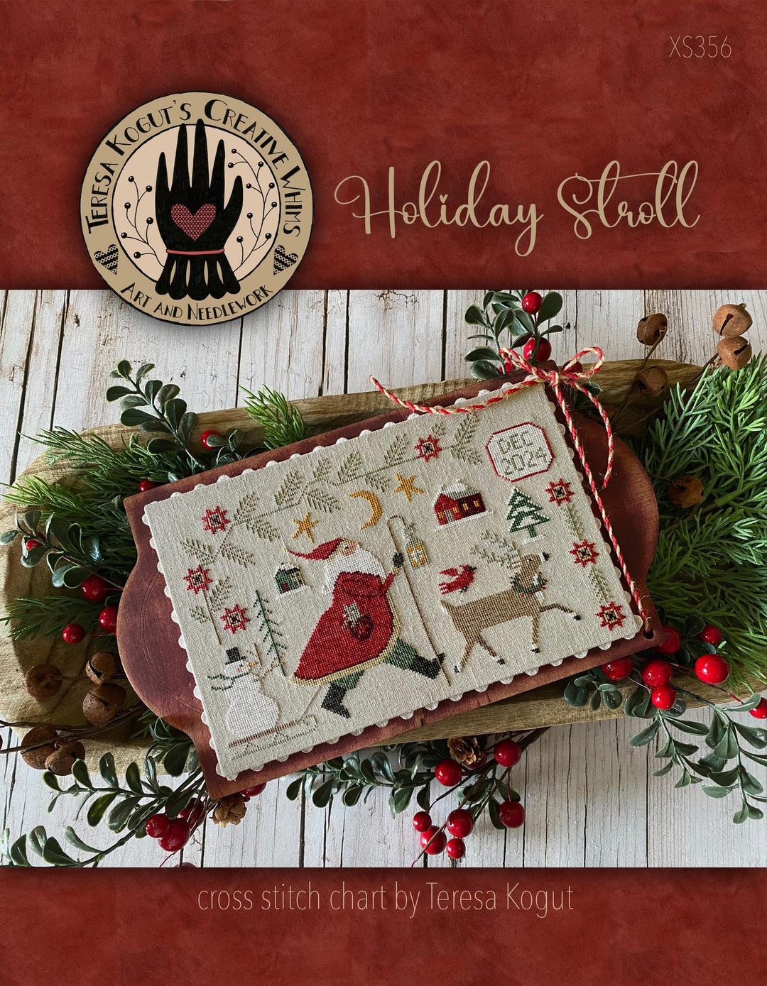 Cross stitch chart for 'Holiday Stroll' by Teresa Kogut with decorative elements on a wooden surface.
