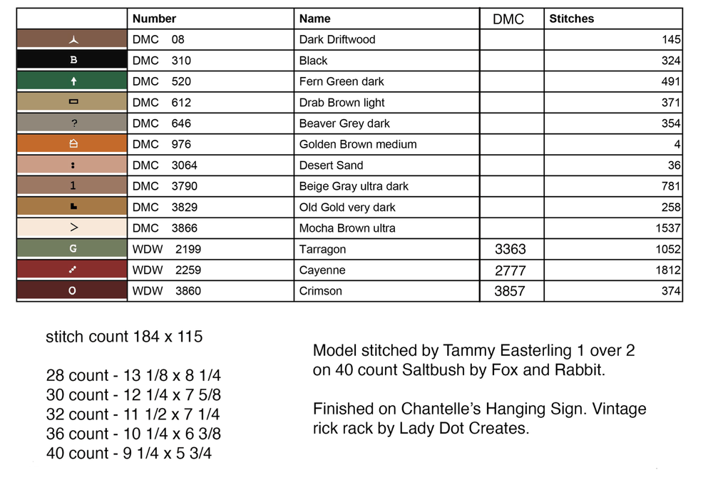 Color chart with DMC thread numbers and names on a white background
